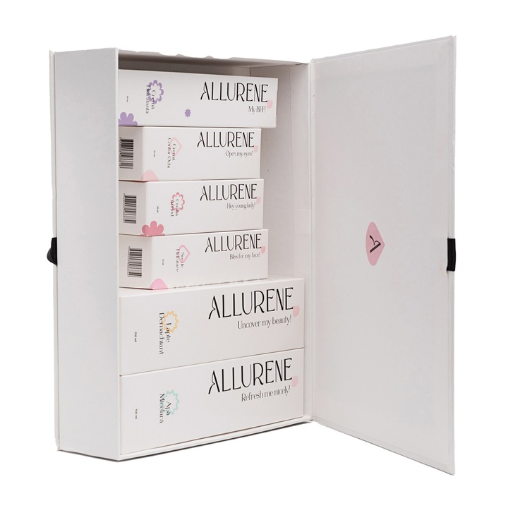 Set Complete Skincare Allurene, Lapte demachiant, 150 ml, Apa micelara, 150 ml, Ser de hidratare, 15 ml, Crema contur ochi, 15 ml, Crema antirid, 30 ml, Crema hidratanta, 50 ml