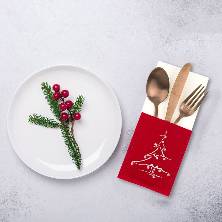 Suport Tacamuri Craciun, Brad Brodat, Poliester, Culoare Rosu/Alb, Dimensiune 10x23 cm, MYONNA IT & E- COMMERCE ®