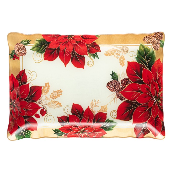 Platou Craciun Sticla 31x21cm Ecru Rosu Model Craciunite Si Vasc Pentru Servire Shopiens®