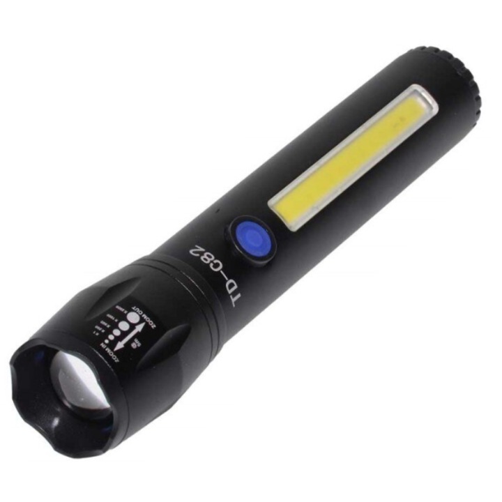 TD-C82 фенерче с 5 W Cree LED, 5 W COB страничен LED, вградена батерия, телескопично увеличение