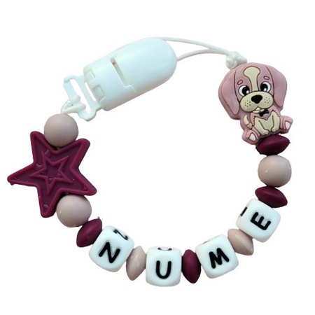 Lant pentru suzeta din silicon personalizat cu nume, Catel roz - eMAG.ro