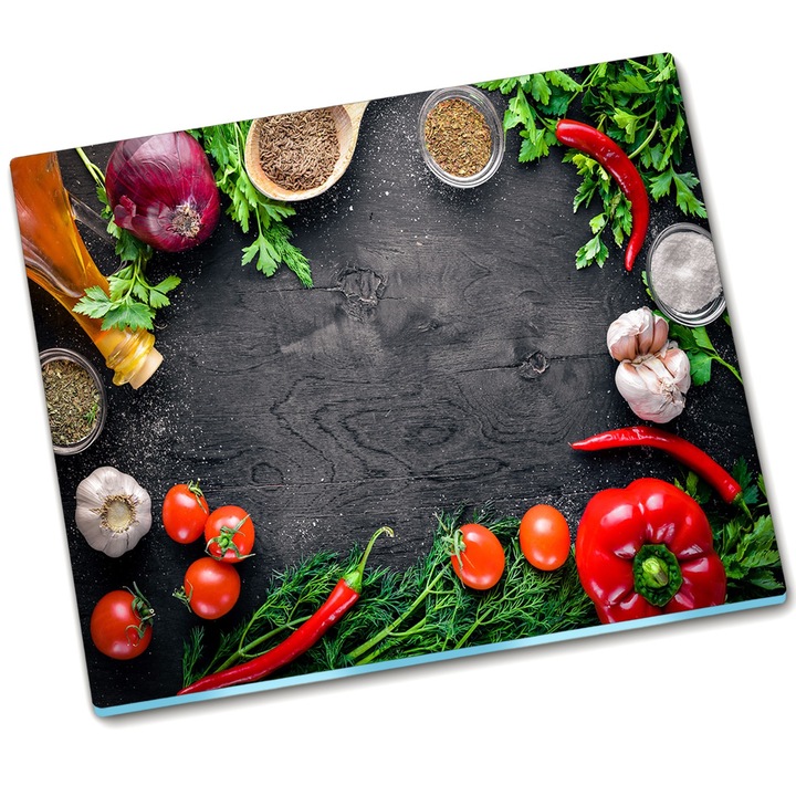 Tocator dreptunghiular din sticla. Tulup. Legume din lemn. 60x52 cm. Negru