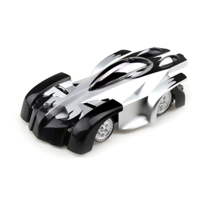 Masina cu telecomanda care merge pe pereti, cu lumini, 16 cm, gri-negru, Masinuta cu telecomanda - Wall Climber