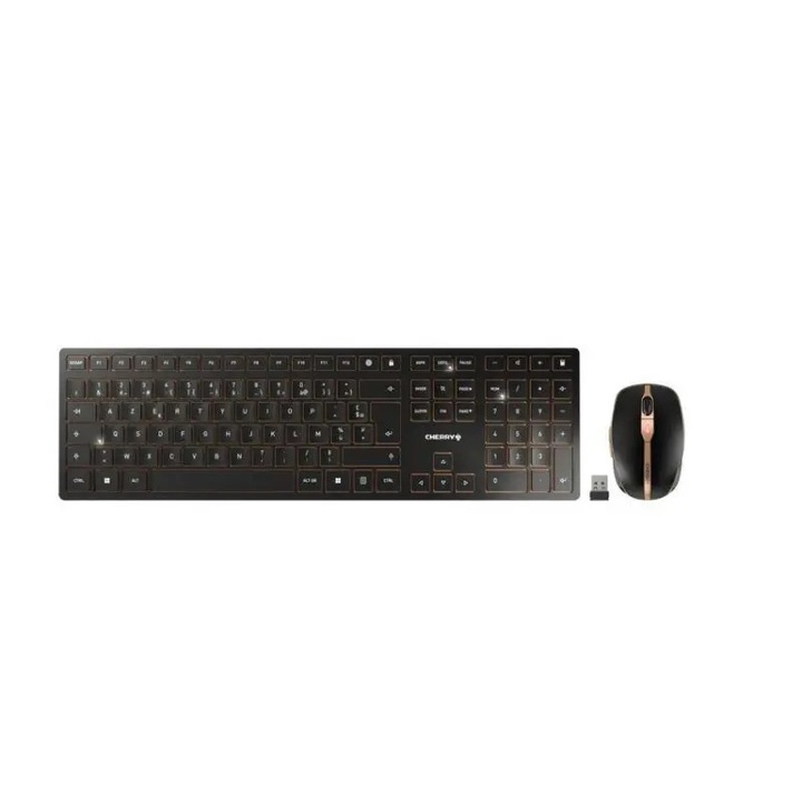 Set tastatura si mouse fara fir CHERRY DW 9100 SLIM, Negru/Bronz