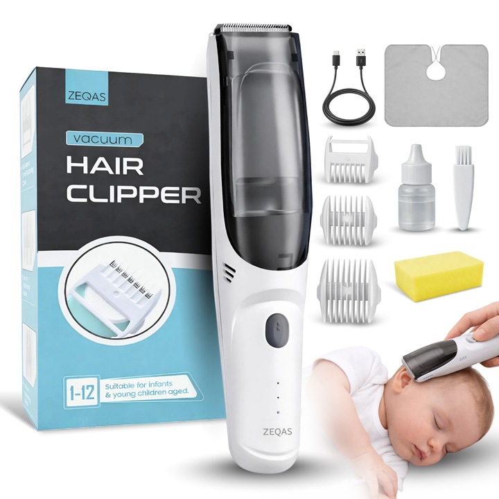 Aparat de Tuns pentru Copii si Bebelusi, Silentios cu Auto-Aspirare Par, ZEQAS, 2 Motoare Puternice, Impermeabil IPX7, Incarcare USB, 3 Capete, Autonomie 90 min, Lame Detasabile, Alb