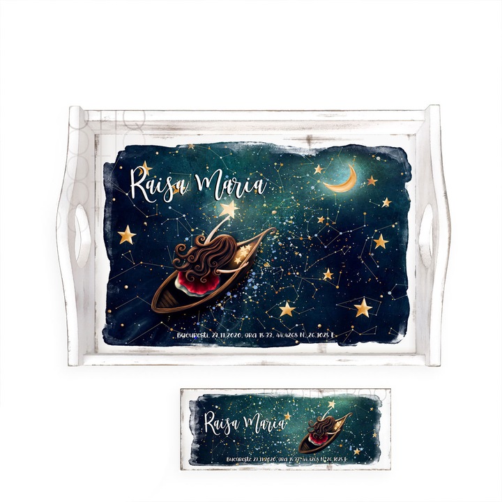 The Little Princess Tava personalizata cu harta stelelor si ilustratii watercolor, 25x30 cm si cutiuta prima suvita 20x8 cm