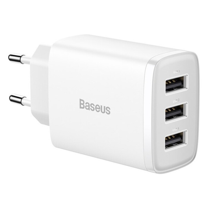 Зарядно устройство Baseus CCXJ020102, 3 USB изхода, За телефон, таблет и др., 17W, Без кабел, Бяло