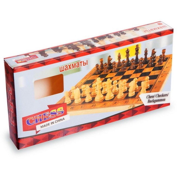 Set de sah si table din lemn, cu piese si dame, 3 in 1, 24x24cm