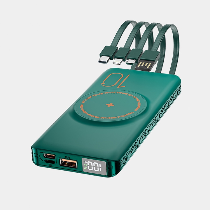 Baterie acumulator externa wireless Tuya, Incarcare wireless Fast Charge 15W, Fast Charge 22.5W prin cablu USB, Capacitate 20.000 mAh, Cu LED 4 in 1 Cablu de alimentare magnetice portabile, Verde