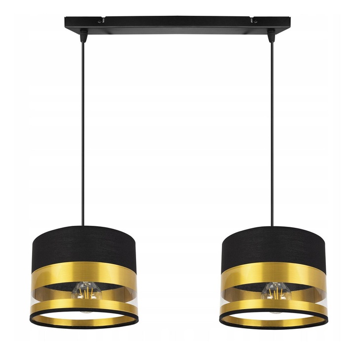 Plafoniera suspendata cu abajur, Light Home, Intense, reglabile, Lungime 85 cm, Latime 55 cm, Abajur 20 cm, E27, 2 punct de lumina, material textil, Auriu/Negru