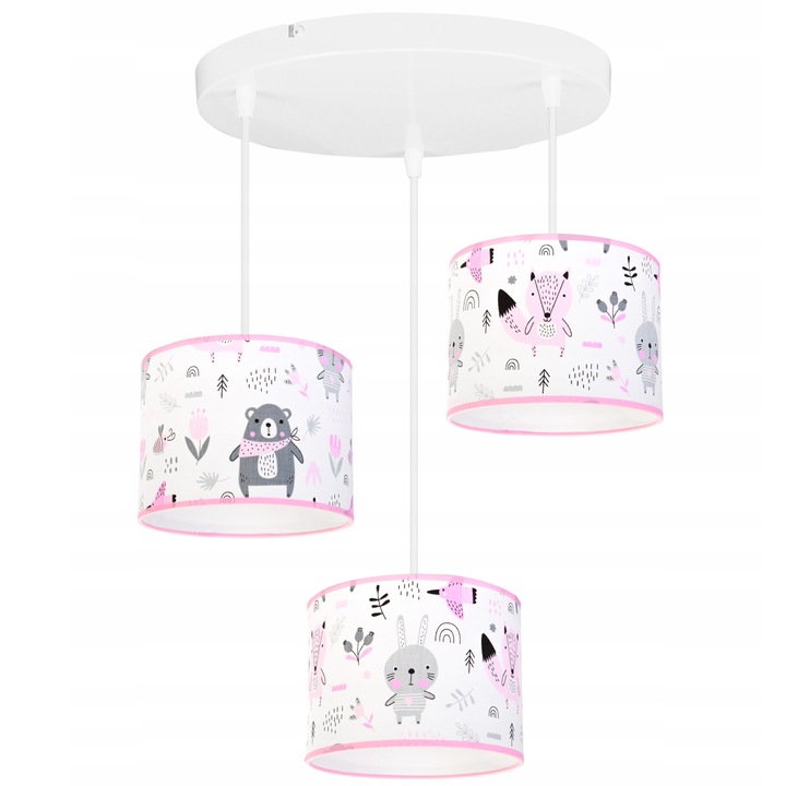 Plafoniera suspendata, Light Home, Daisy, reglabile, Lungime 85 cm, E27, 3 punct de lumina, material textil, Alb/Roz