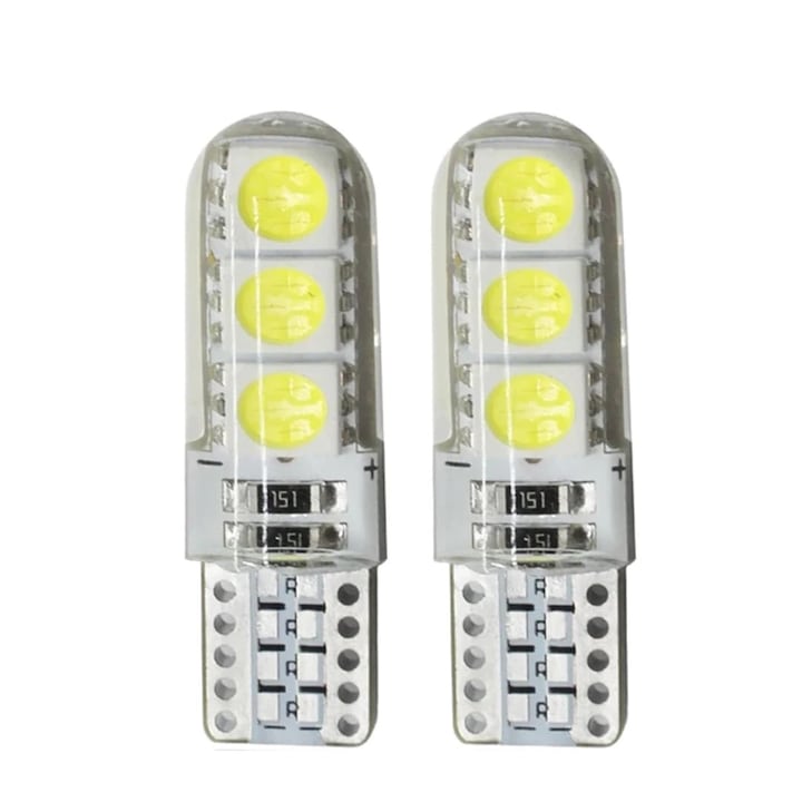 Set 2 Becuri LED T10 w5w pentru Pozitii, Plafoniera Lumina Alba cu Protectie Silicon