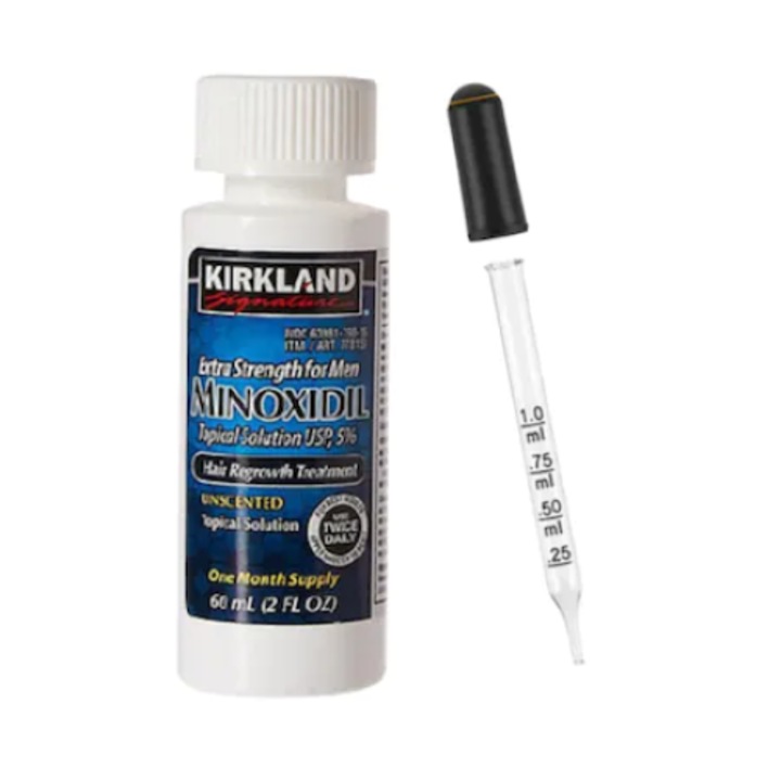 Készlet hajhullás ellen - Minoxidil Kirkland 5%, 1 hónapos alkalmazás, 60 ml, Dermaroller - 0,75 mm