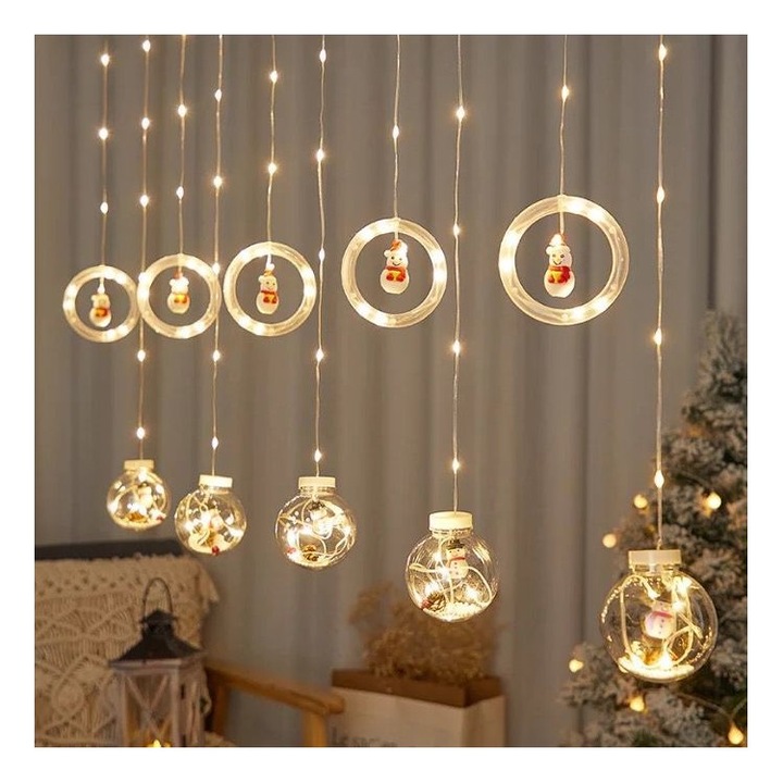 Instalatie de Craciun, 3M, Tip Perdea, 5 globuri + 5 cerculete, figurine, Alb Cald