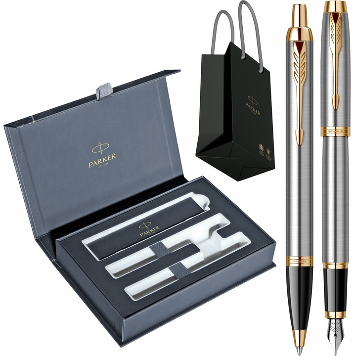 Set Parker Stilou Pix IM Royal Brushed Metal GT gravat, in cutie duo Royal si punga