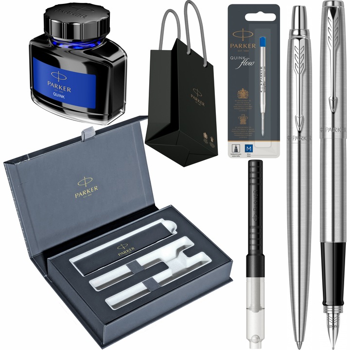 Set Parker Stilou Pix Jotter Royal Stainless Steel CT cu gravura laser inclusa, cutie duo Royal, cu rezerva mina pix Jumbo Quink Flow albastra, convertor functional, calimara cerneala si punga
