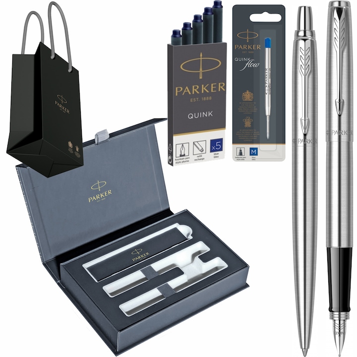 Set Parker Stilou Pix Jotter Royal Stainless Steel CT cu gravura laser inclusa, cartuse lungi Parker Quink 5 buc, rezerva pix Parker albastru Jumbo Quink Flow, cutie duo Royal si punga