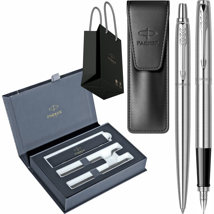 Set Parker Stilou Pix Jotter Royal Stainless Steel CT cu gravura laser inclusa, etui Leather Black, cutie duo Royal si punga