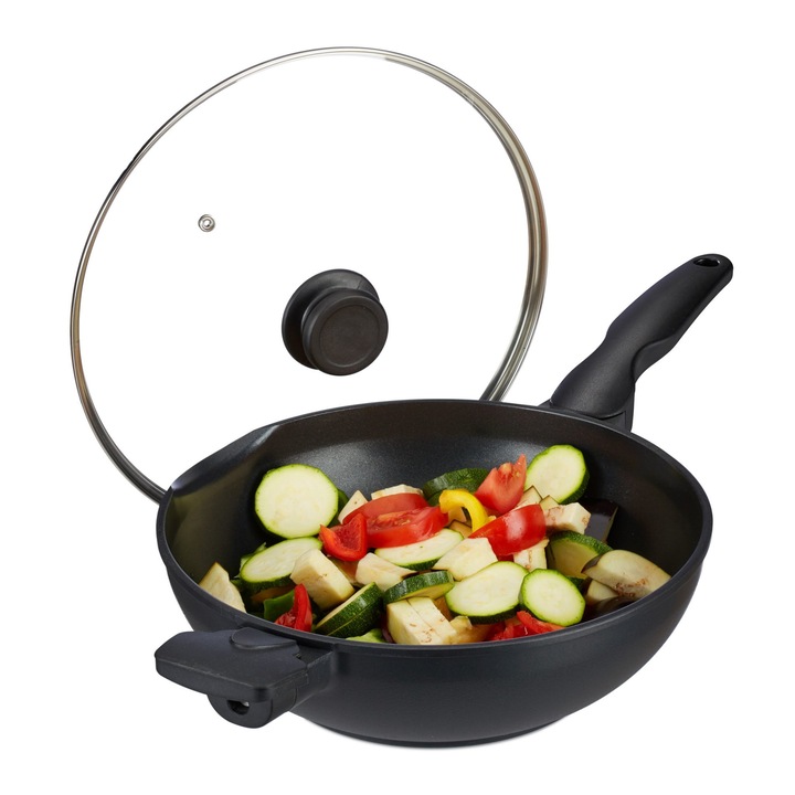Tigaie Wok cu capac, Relaxdays, din aluminiu, negru, 30 cm
