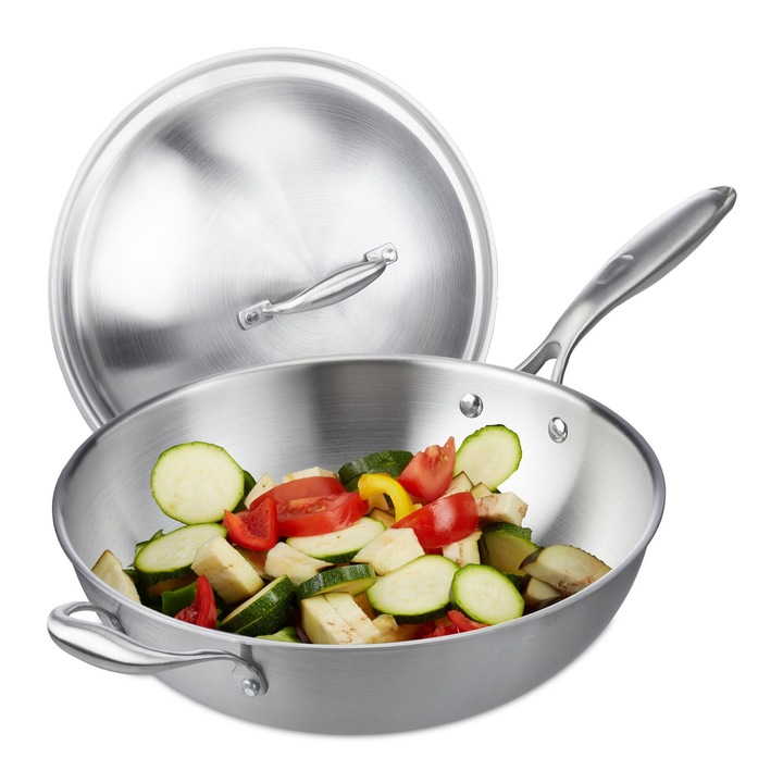 Tigaie Wok cu capac Relaxdays, inox, 30.5 cm
