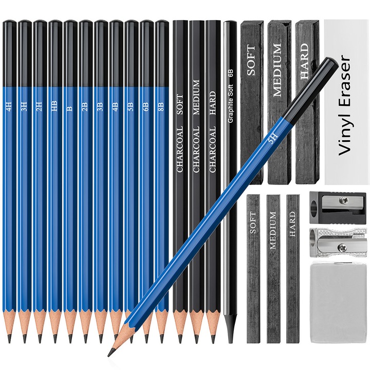Set profesional complet creioane grafit si carbune pentru schite, desen ar