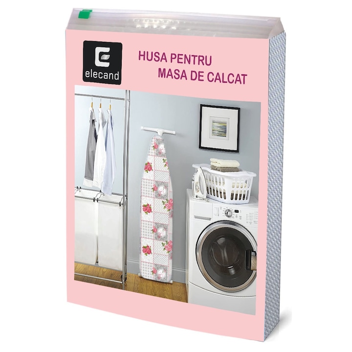 Husa masa de calcat, din bumbac si captuseala de pasla, cu elastic, potrivita pentru mese de calcat cu dimensiuni intre 110-125 cm lungime / 30-40 cm latime, model gri cu trandafiri