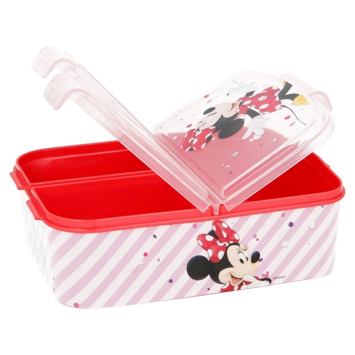 Minnie egér többrekeszes téglalap alakú uzsonnásdoboz, Minnie Mouse, 19,5x16,5x6,7 cm, többszínű