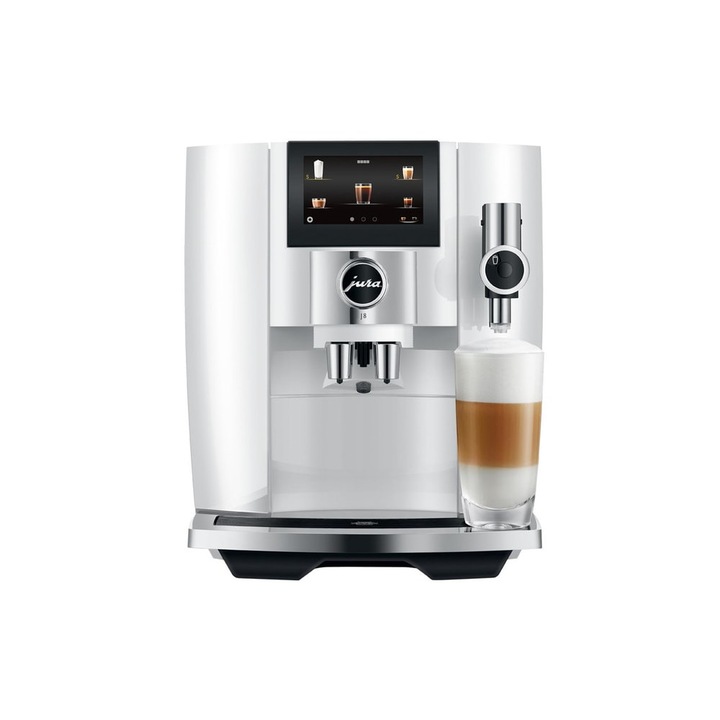 Espressor automat JURA J8 Sweet Foam Piano White, rasnita P.A.G.2+, trei tipuri extractie cafea, ecran touchscreen, produs in Elvetia, sistem automat spumare lapte, 31 bauturi, 1.9 l, 280 gr, 15 bar, 1450 W, alb
