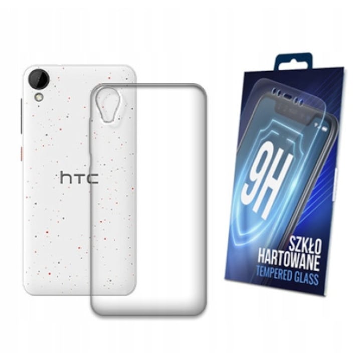 Set Husa si folie protectie pentru HTC Desire 825, Silicon/Sticla, Transparent