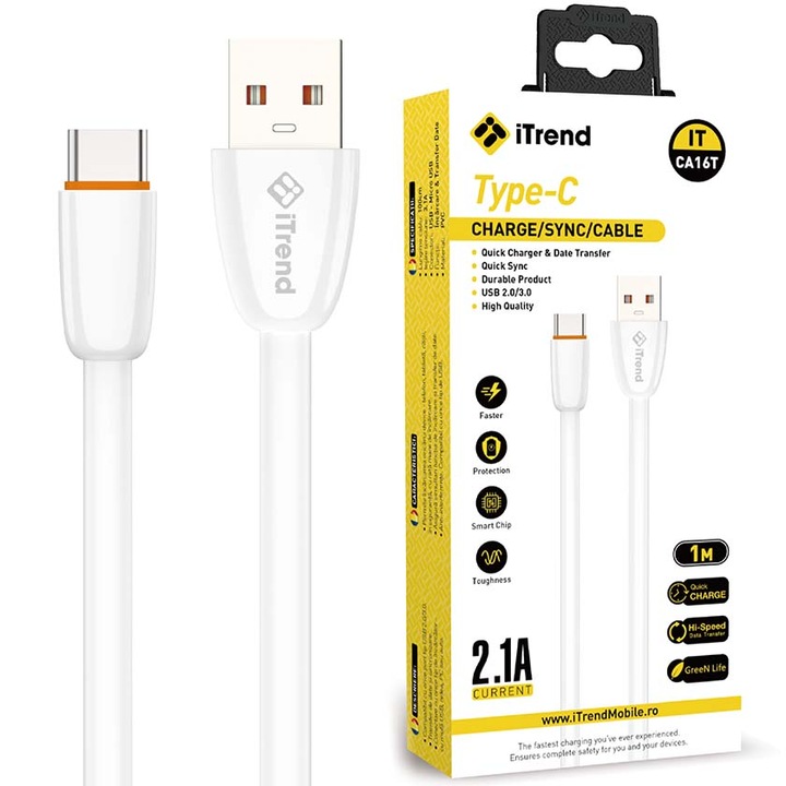 Cablu Type-C la USB-A, universal, incarcare si date, 2.1A Fast Charging 100cm, Flat format, iTrend CA16T, Alb