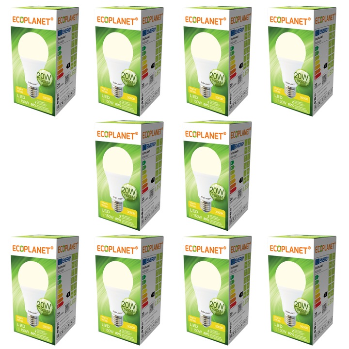 Комплект от 10 - Ecoplanet LED крушка, E27, 20W (150W), 1900 LM, F, топла светлина 3000K, мат