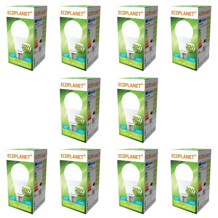 Set 10 buc - Bec Led Ecoplanet, E27, 20W (150W), 1900 Lm, F, lumina alba rece 6500K, Mat