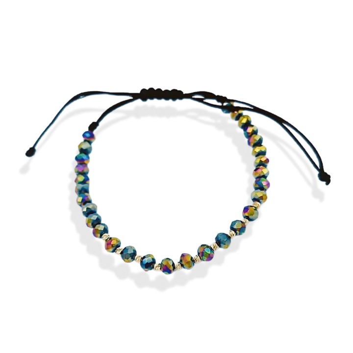 Bratara cu snur, cristale cameleon si 10 bilute striate 2mm din aur 14k