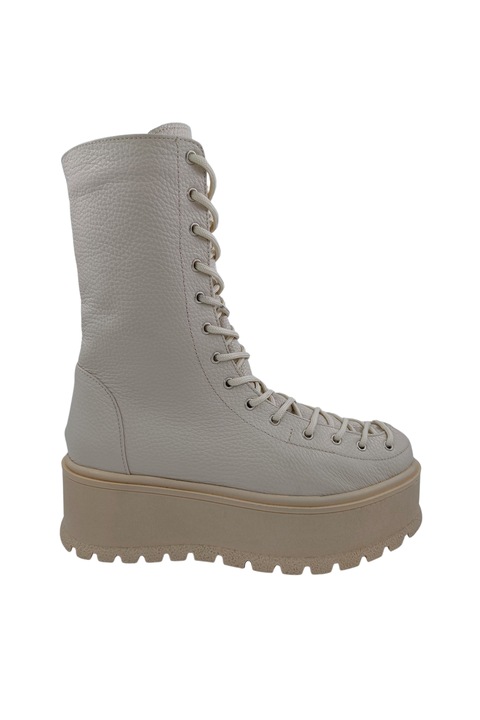 Bocanci dama piele naturala bizon cu sireturi lungi fermoar pe lateral talpa masiva wegde bej, Bej