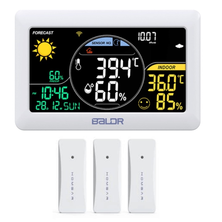 Hub Smart-Home Statie meteo cu conexiune WIFI Baldr Homgar, aplicatie mobila, 3 senzori, termometru, alerta inghet, higrometru umiditate, prognoza meteo, data calendar, ceas, presiune atmosferica, indicator confort termin, alb