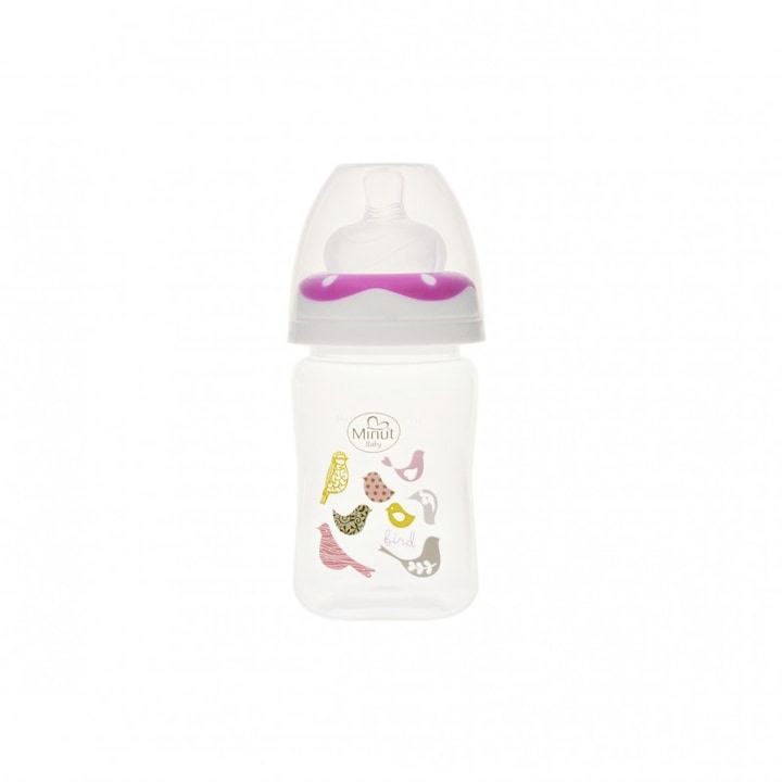 Biberon gat larg 150 ml cu tetina silicon 0+ Minut Baby, roz