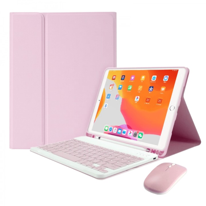 3 az 1-ben készlet iPad Air 3-hoz, 10,5 hüvelykes / iPad Pro 10,5 hüvelykes / iPad 8 / 7 10,2 hüvelykes, kihajtható tok, bluetooth billentyűzettel és vezeték nélküli egérrel, rózsaszín