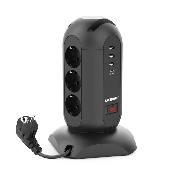 Safemore Hosszabbító kábel, Type-C/PD gyorsváltóval, 4 USB, 9 AC aljzat, Behúzható kábel, Túlfeszültség-védelem, 1.8 m