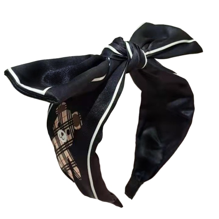 Bentita pentru par cu funda, model satinat, neagra cu imprimeu ursulet, marime standard, EFAYN