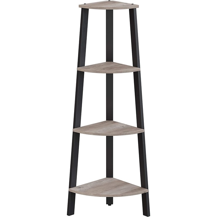 Raft de colt, VASAGLE, biblioteca cu 4 niveluri, 34 x 34 x 125 cm, stil industrial, cu cadru din otel, gri si negru LLS034M01