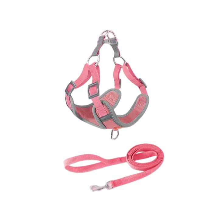 Állítható kisállat mellkasi heveder, éjszakai fényvisszaverő és lélegző pórázzal, PINK L