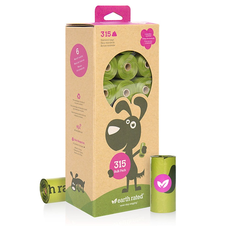 Set 21 pungi igienice pentru catei, Earth Rated, 15 pungi/rola, 22.8 x 33 cm, parfumate, lavanda, verde