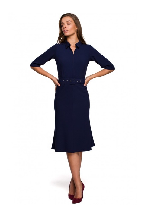 Рокля с яка и колан Style, Полиестер, Морскосин
