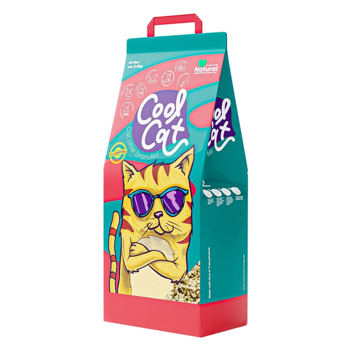 Asternut igienic pentru pisici CoolCat, din fibra naturala, formeaza bulgari, Toilet flushable, Granule, 10 l