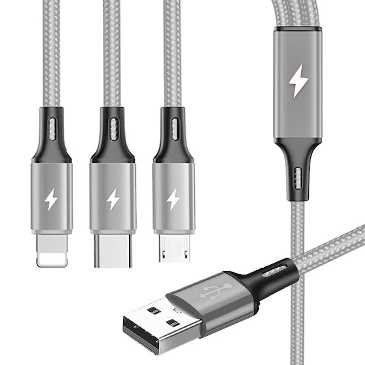 Cablu de date 3n1, USB/USB-C/MicroUSB/Tip Lightning, 1.2m, Gri