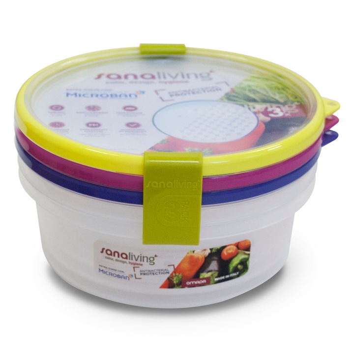 Set de 3 cutii de conservare alimente Sanaliving 18xh6,5 cm, 1L capace de culori asortate fucsia, lime, violet