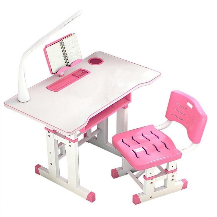 Set birou 70x49x70 cm si scaunel din metal 37x31x70 cm, pentru copii, cu lampa LED, inaltime reglabila, roz
