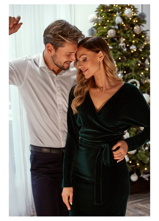 Rochie din catifea cu partea de sus invelita si curea - negru, Verde