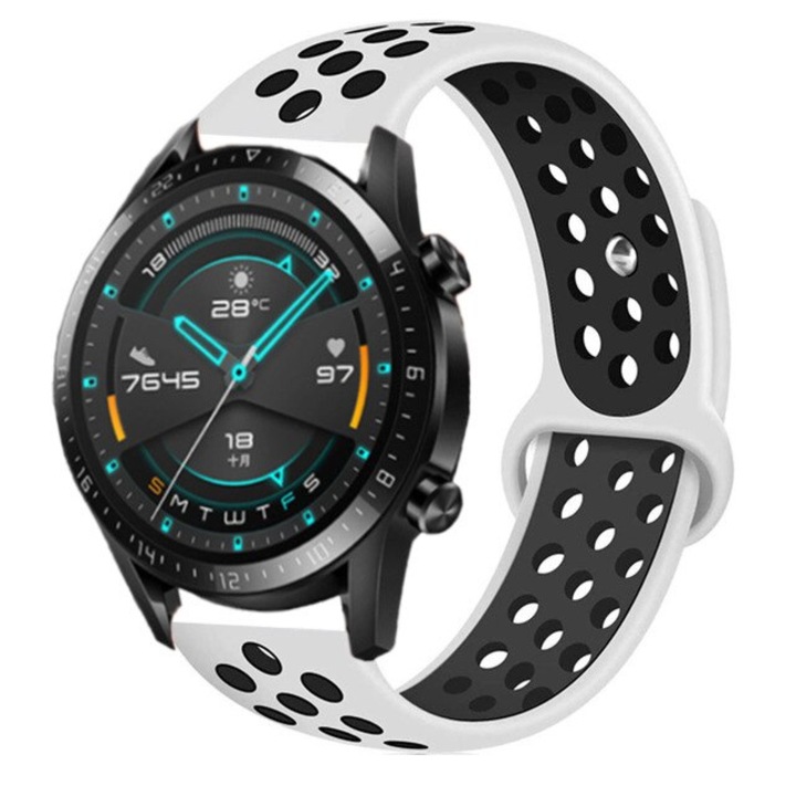 Curea silicon MTP 22 mm, design Sport, compatibila cu Huawei Watch GT2, White/Black