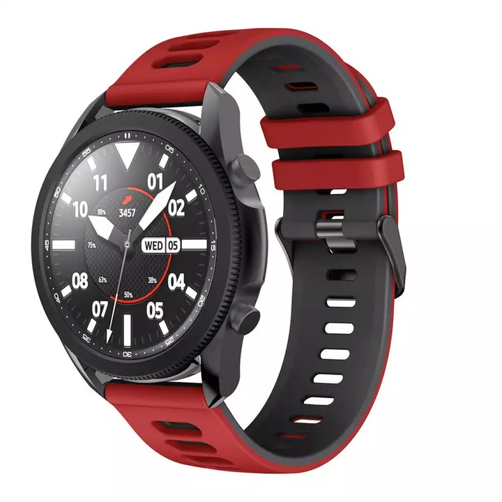 Curea din silicon MTP, compatibila Samsung Galaxy Watch 3 45mm, Silicon Neted Doua Nuante, Telescoape Quick Release, 22mm, Red/Black